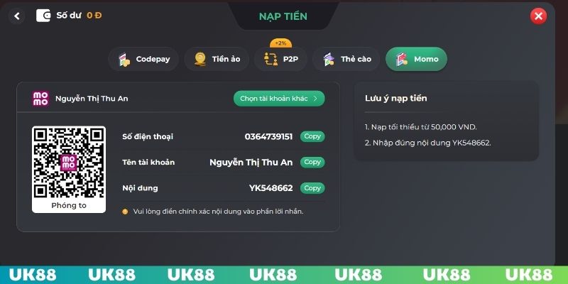 Nạp tiền UK88 để tham gia chương trình khuyến mãi