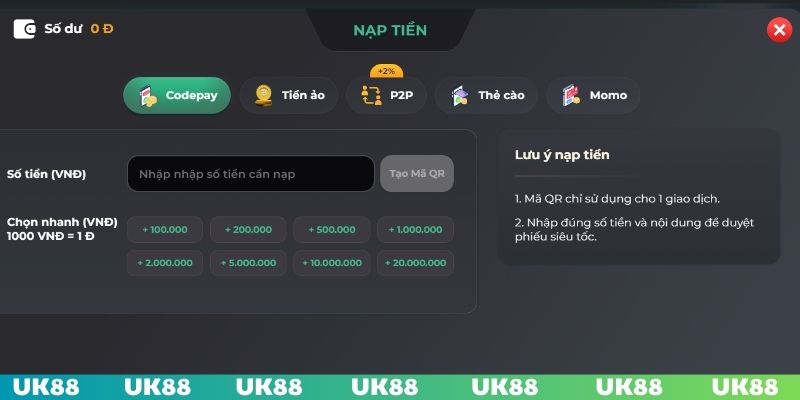 Thực hiện nạp bằng codepay với tốc độ xử lý nhanh