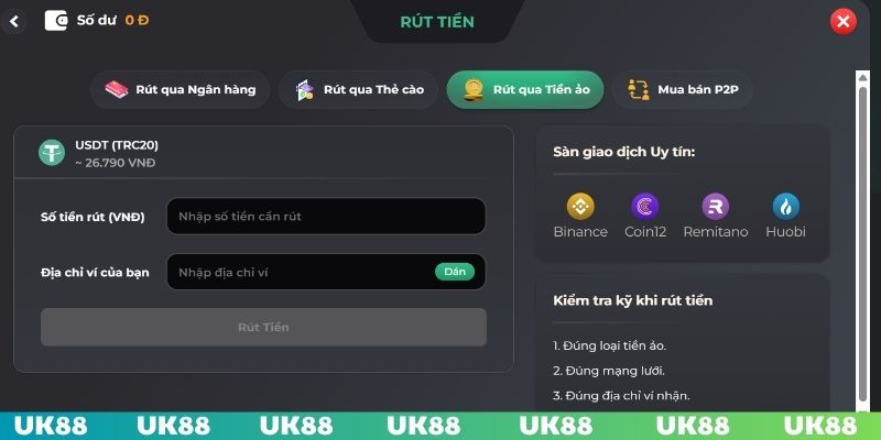 Ví tiền ảo được sử dụng rút tiền trên nhà cái UK88